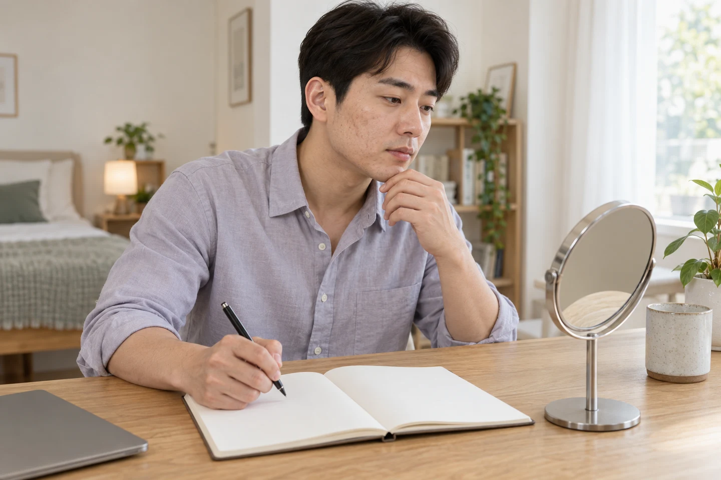 집에서 흉터 상담에 물어볼 내용을 노트로 정리하는 설명용 사진