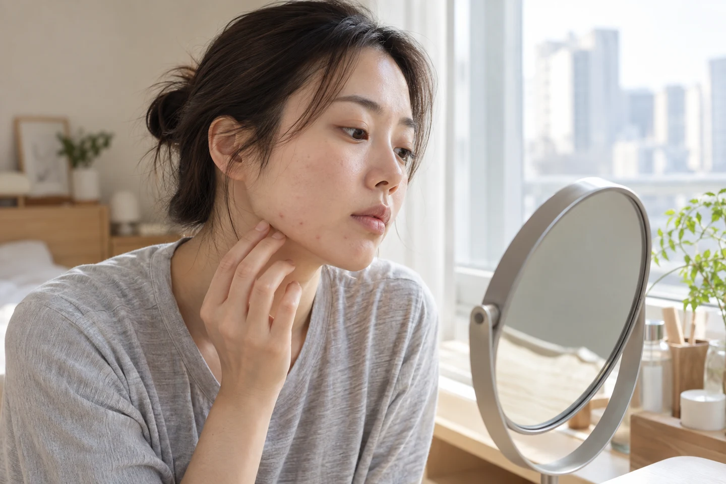 자연광 아래 거울로 턱과 볼의 피부 상태를 살피는 성인의 설명용 사진