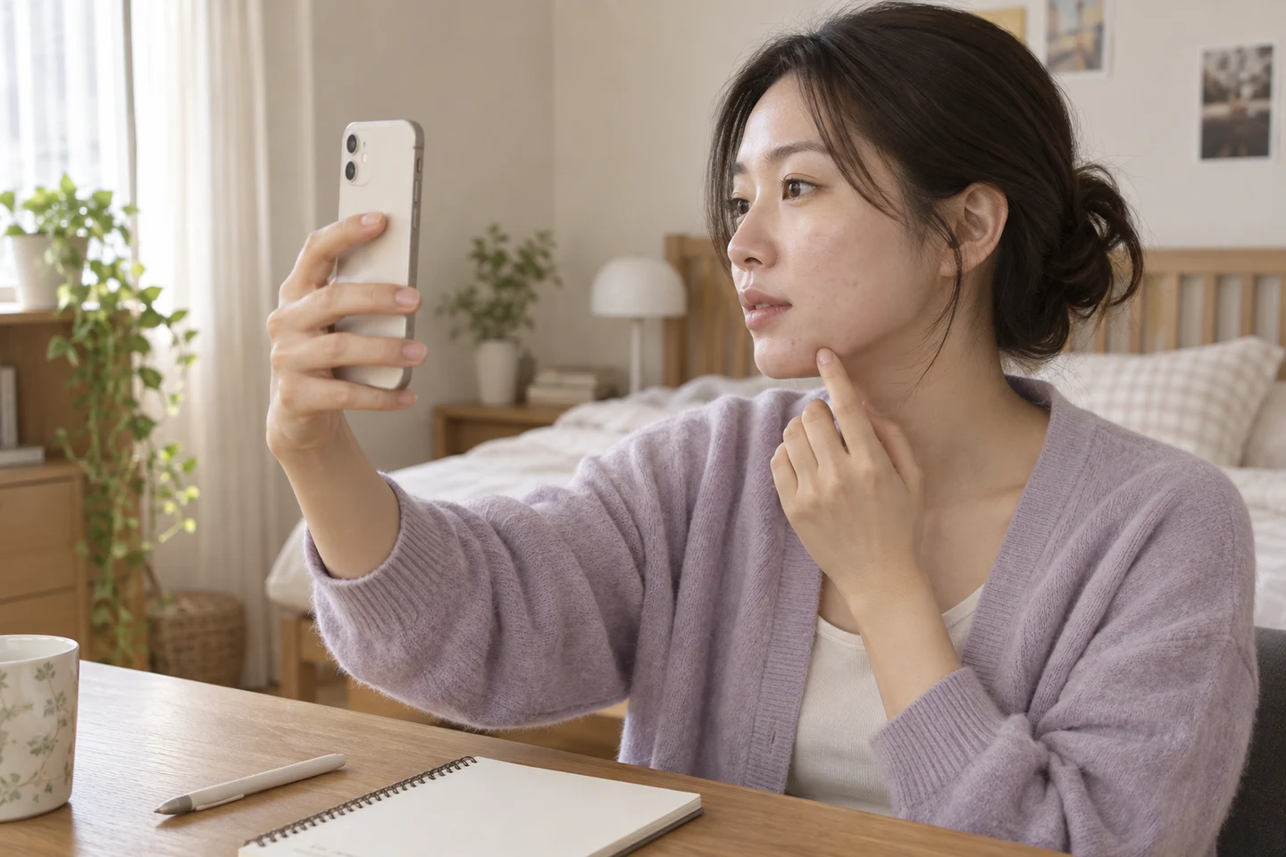 집에서 일정한 빛 아래 휴대전화로 자신의 피부 사진을 기록하는 설명용 사진
