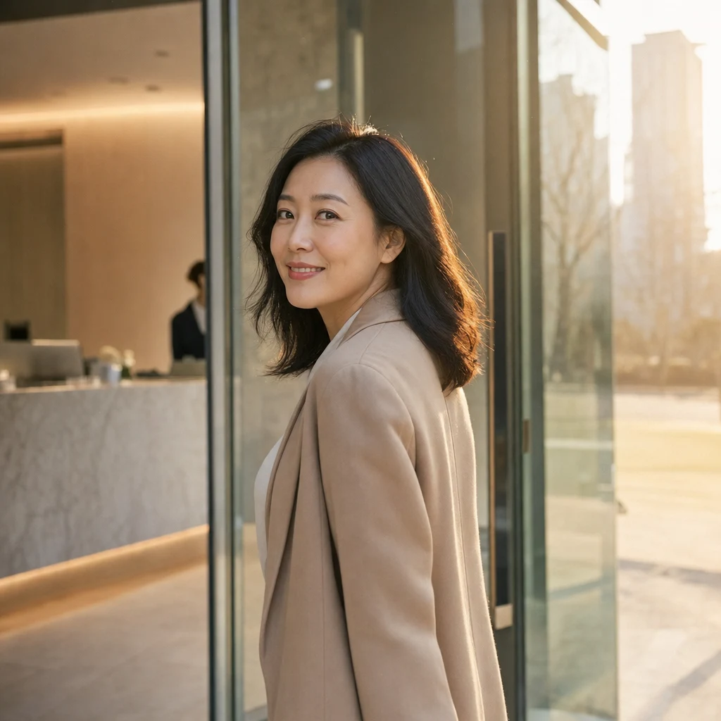 자연스러운 표정으로 클리닉을 나서는 모습