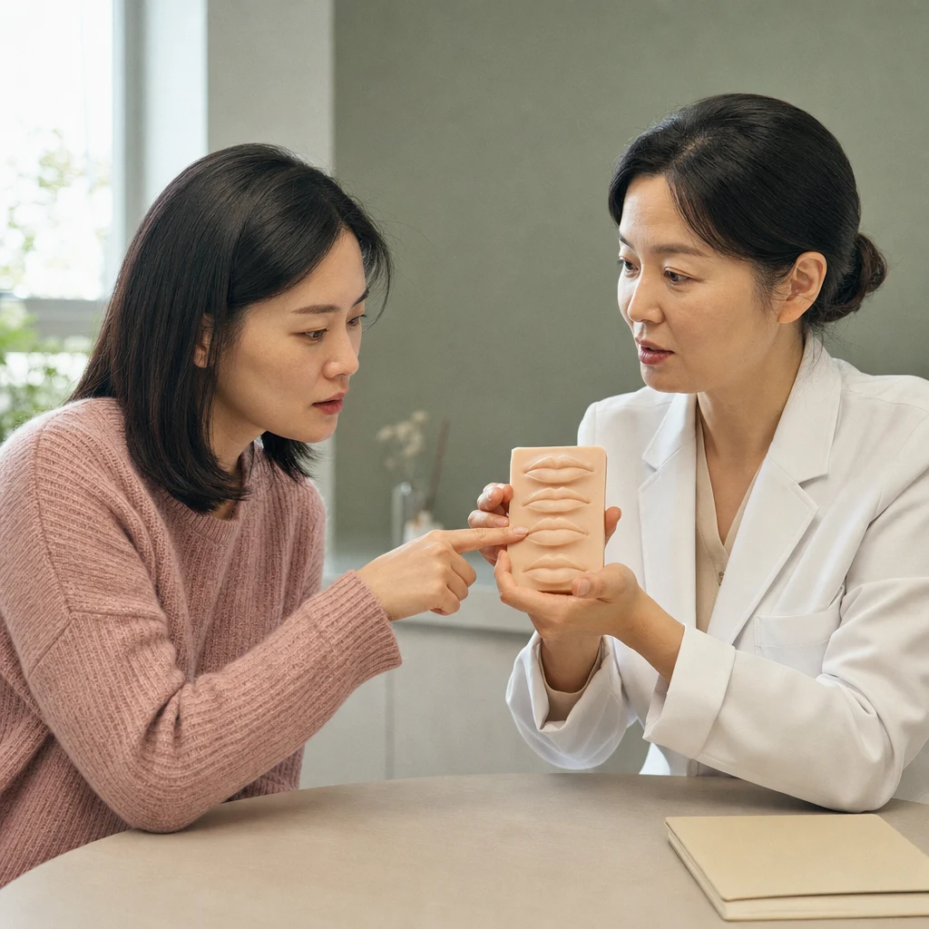 상담에서 입술 모양의 방향을 말로 정리하는 장면