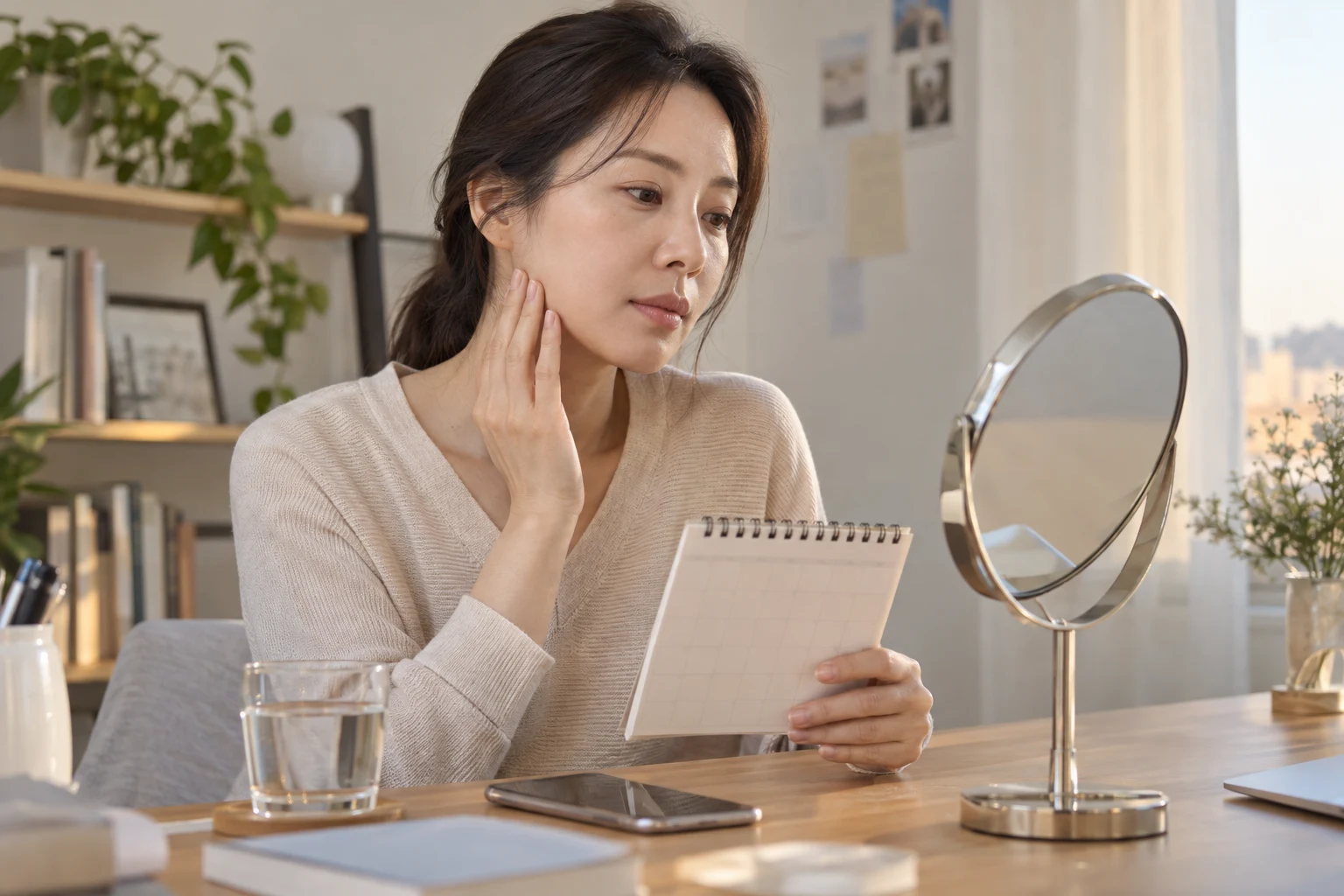 거울과 달력을 두고 턱선의 촉감과 경과를 기록하는 설명용 사진