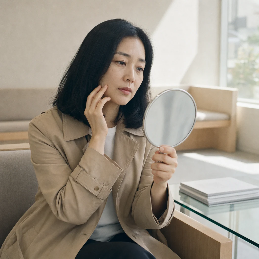 울쎄라 상담을 앞두고 대기실에서 생각에 잠긴 여성
