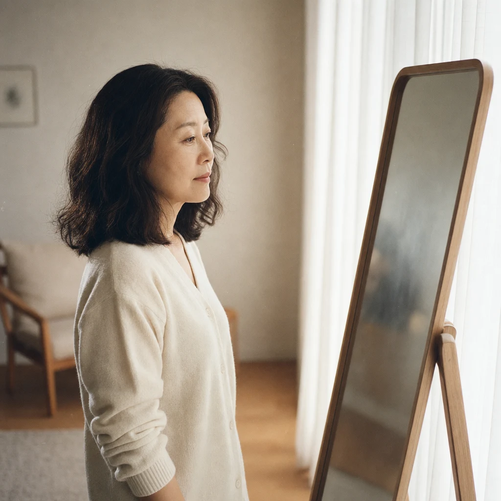 거울 앞에서 차분히 자신을 바라보는 여성